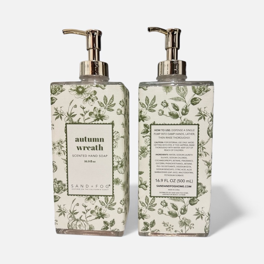 NEW 2x Sand + Fog Autumn Wreath Glass Bottle Liquid Hand Soap - 16.9 fl oz